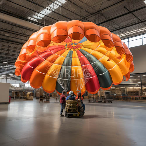 massive parachute dominates industrial warehouse with orange and yellow stripes against gray background