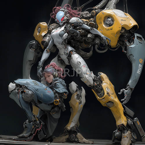 cybernetic entities locked in mechanical hierarchy displaying complex cabling and angular profiles