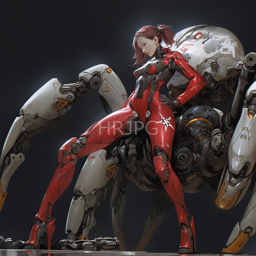 fiery red tresses frame a face of unwavering resolve amidst industrial machinery