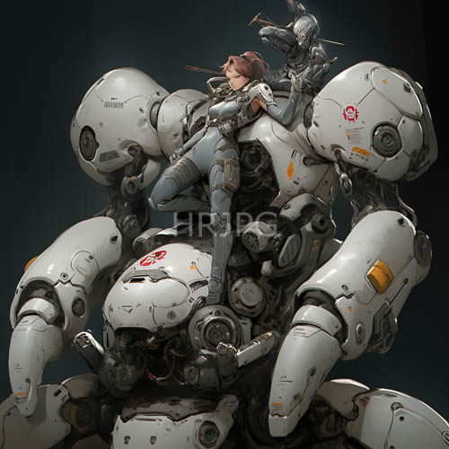 chestnut hair strands frame tactical gear figures standing near mechanical titans