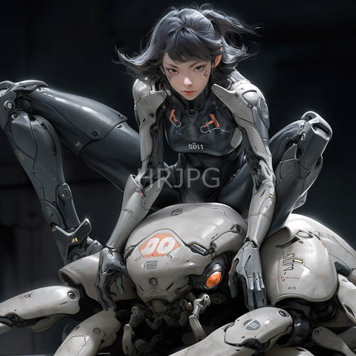 asian protagonists tactical crouch amidst futuristic cybernetic armor and defeated mechanical antagonist
