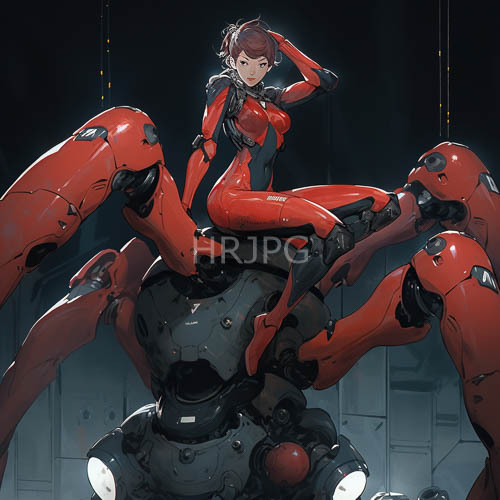 High Resolution: Posed Figures in Crimson Accents atop Robotic Appendages in Complex Metallic Environments download. | HRJPG.com