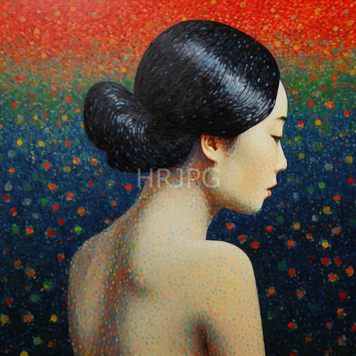 elegant woman against contrasting gradient of crimson and navy