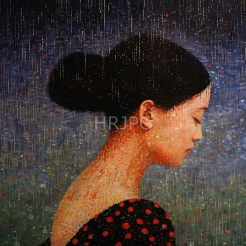 young womans contemplative profile amidst atmospheric canvas with teal and emerald hues