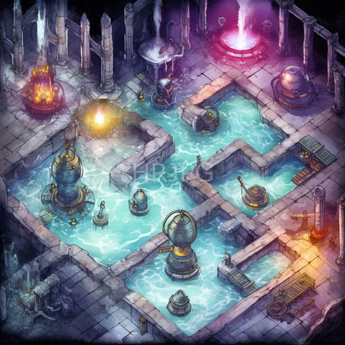mystical laboratory where turquoise pools meet clockwork innovation and ethereal energy