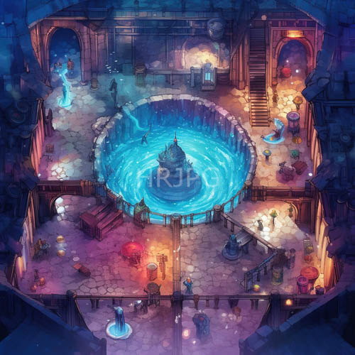 sapphire waters and meticulous masonry of a frozen highfantasy courtyard