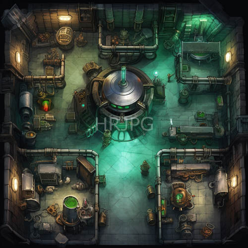 emeraldlit subterranean laboratory reveals intricate network of industrial piping and machinery
