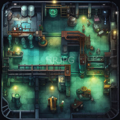 High Resolution: Ambient Teal Illumination in HighTech Industrial Research Facility Reveals Complex Spatial Arrangement download. | HRJPG.com