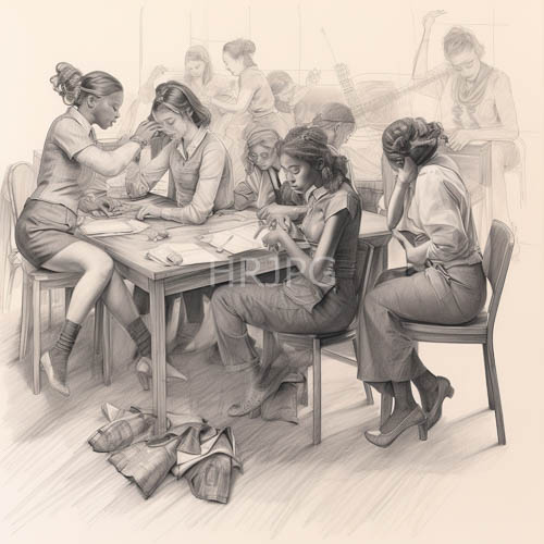 women engaged in communal needlework and conversation in a sunlit interior setting