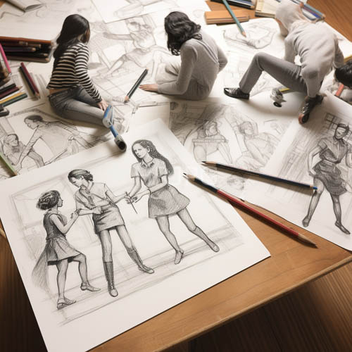 curlyhaired artist works across wooden floor amidst creative session