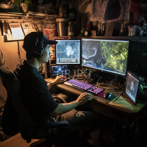 focused enthusiast amidst highdefinition displays and ambient dimness