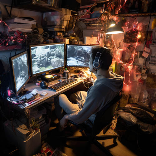 high saturation red holiday lights glow amidst cluttered gamer sanctuaries grey hoodies and screens