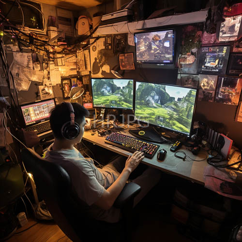 dedicated gamer immersed in hyrules emerald vistas across triple screens