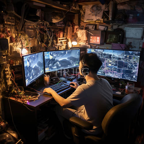 focused gamer commands multimonitor setup in scifi universe glow