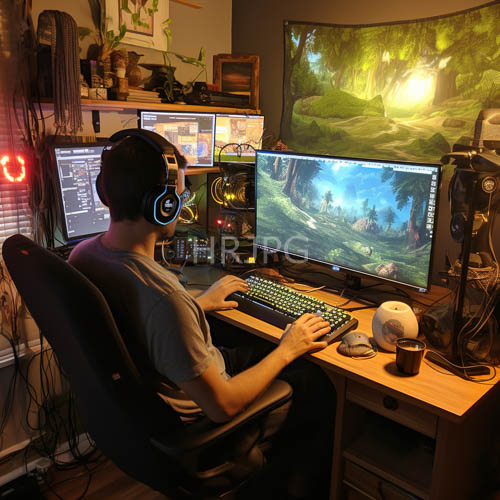 immersive wilderness gaming station slategray tshirt and obsidian hair