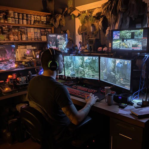 focused individual immersed in aquatic sanctuary amidst workstation glow