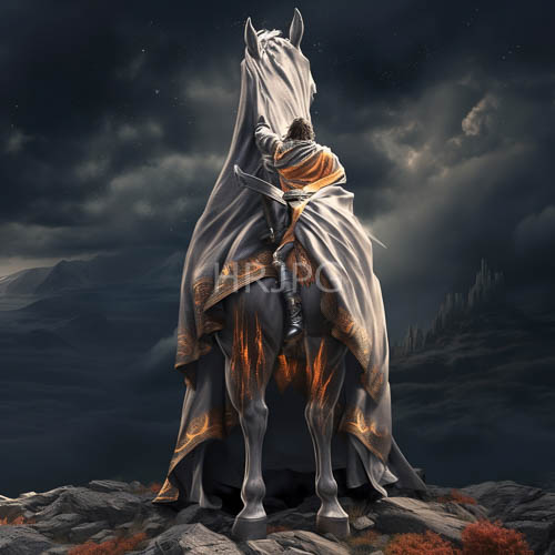 muscular knight rests against colossal white steed on distant brooding mountain silhouettes at twilight