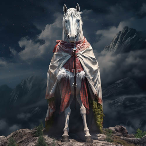 personified white horse standing poised in lunarlit craggy nocturnal landscape