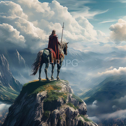 knights opulent attire intersects jagged granite summit with turbulent overhead sky