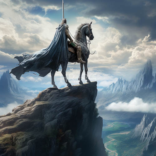 bruised charcoal clouds clash with tempestuous precipice and armored warrior atop jagged slate summit
