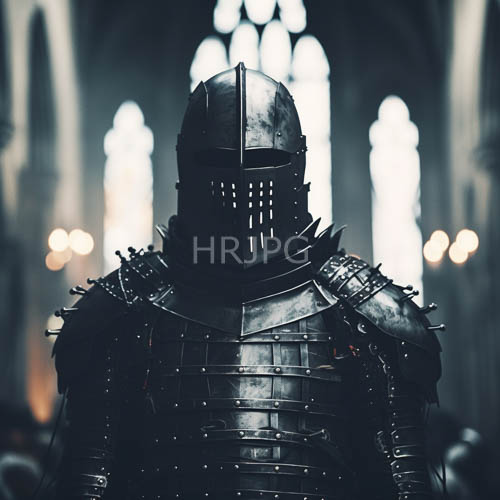 medieval knight in cathedral detailed steel plate armor