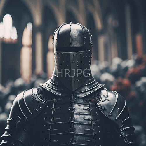 gothic cathedral guard rear view of steel knight armor