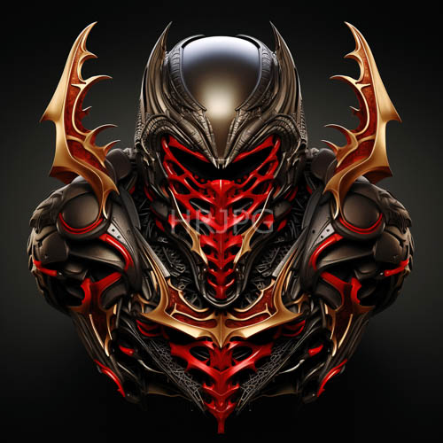 futuristic winged headpiece golden and red sci fi armor