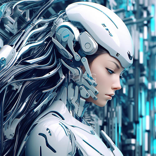 cybernetic fusion pale woman in white futuristic armor