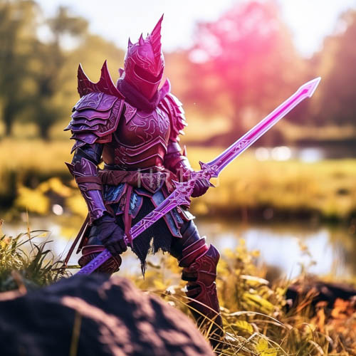 sunset riverbank knight purple armor with glowing pink sword