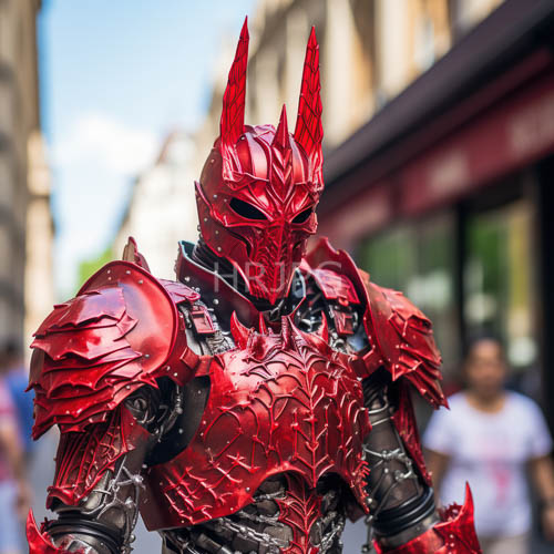 urban crimson knight spiked metallic red armor showcase