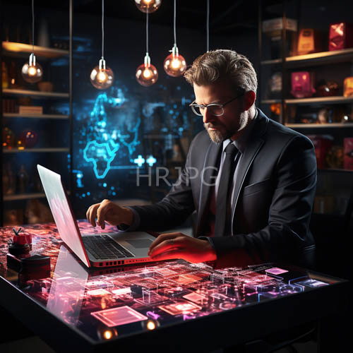 cyberpunk workstation tech professional with hologram display
