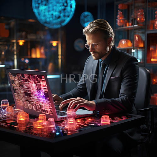 nocturnal tech professional neon reflections and laptop workspace
