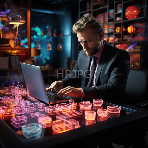 neon library workspace late night tech executive portrait