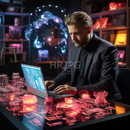 High Resolution: Holographic Study Room: Tech Professional at Night Workspace download. | HRJPG.com