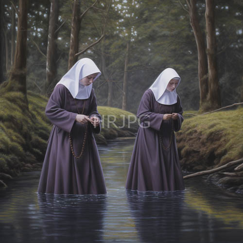 forest stream sanctuary young nuns in traditional robes