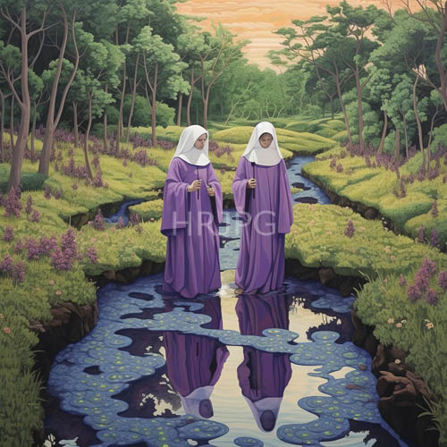 High Resolution: Mellow-Gold Hour Lily Pond: Devotional Forest Stream Painting download. | HRJPG.com