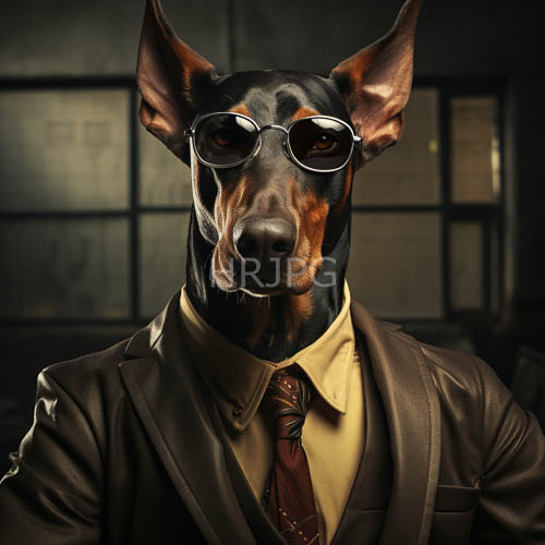 vintage office doberman leather jacket and glasses portrait