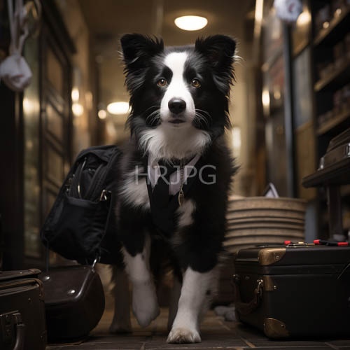 High Resolution: Alleyway Traveler: Alert Border Collie with Vintage Suitcases download. | HRJPG.com