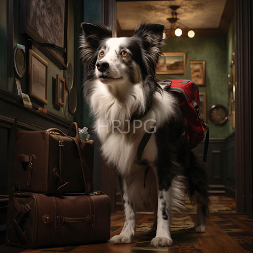 vintage hallway journey border collie with red backpack