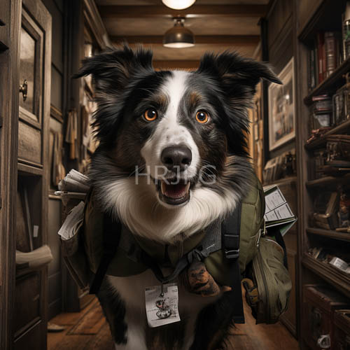library scholar collie border collie in book lined hallway