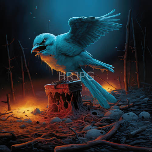 charred forest flight aggressive blue bird fantasy scene