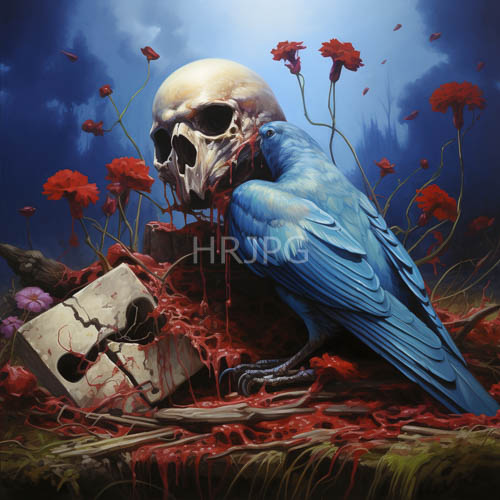 surreal memento mori blue bird and blood soaked skulls