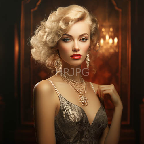 vintage elegance blonde woman in pearls and lace gown