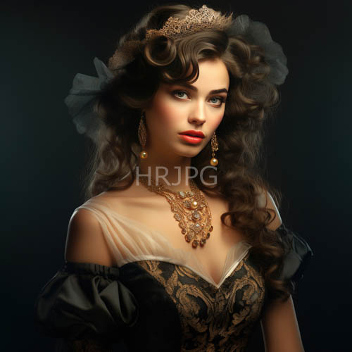 gleam touched tiara portrait elegant curly haired woman in black gown
