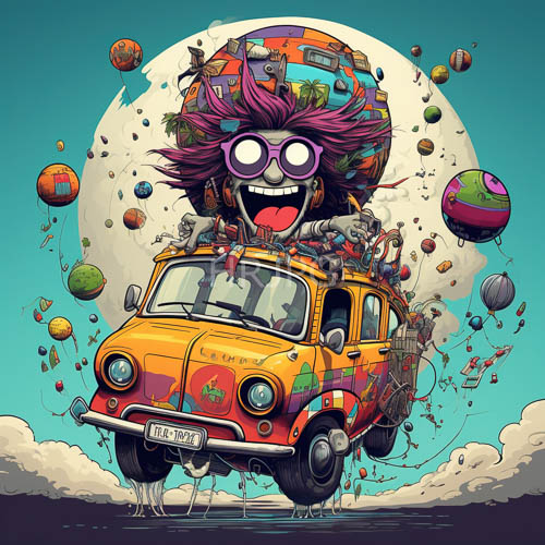chaotic lunar drive whimsical character in patterned retro car