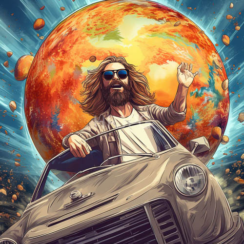 cosmic journey bearded man in retro car with orange planet