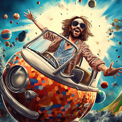 High Resolution: Joyful Retro Space Cruise: Long-Haired Driver and Planets download. | HRJPG.com