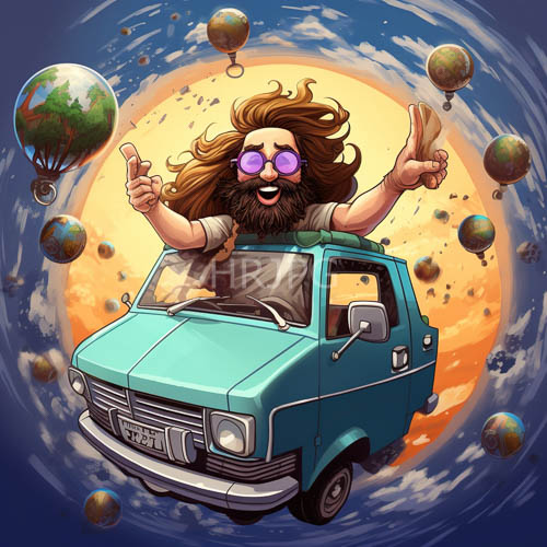 retro cosmic peace bearded man in space turquoise car