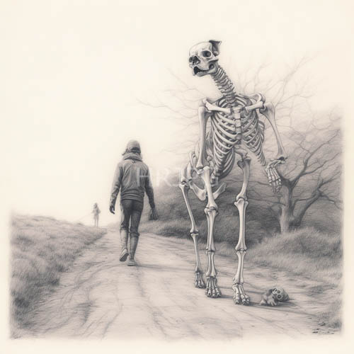 foggy path companion eerie skeletal pencil drawing