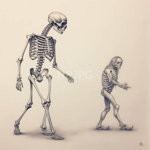 skeletal companions detailed monochromatic pencil sketch